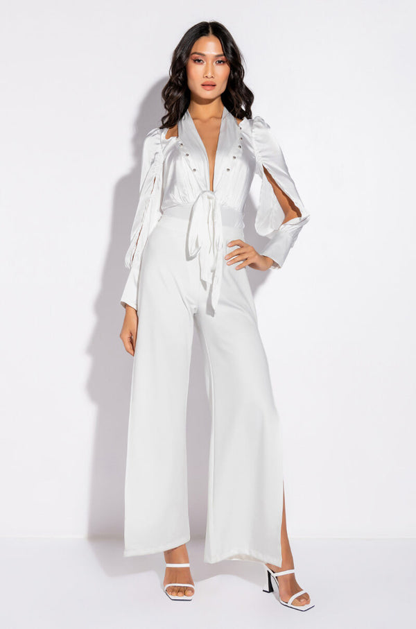 ONE TIME THING LONG SLEEVE TIE FRONT SATIN BODYSUIT