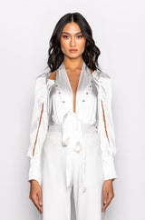 ONE TIME THING LONG SLEEVE TIE FRONT SATIN BODYSUIT