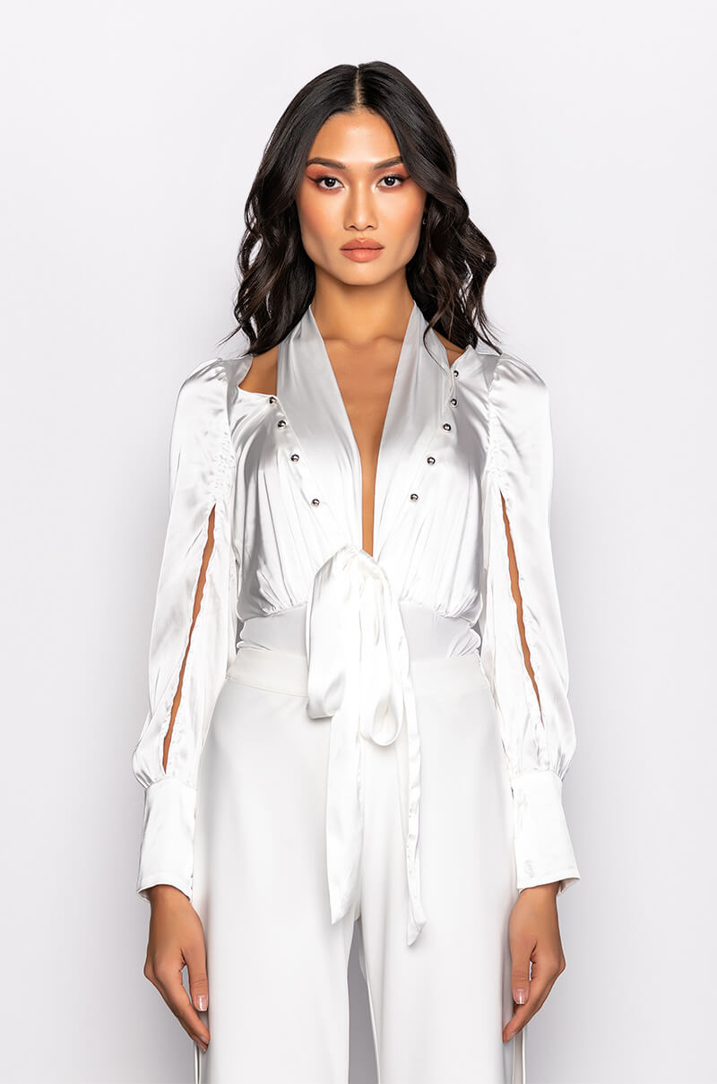 ONE TIME THING LONG SLEEVE TIE FRONT SATIN BODYSUIT