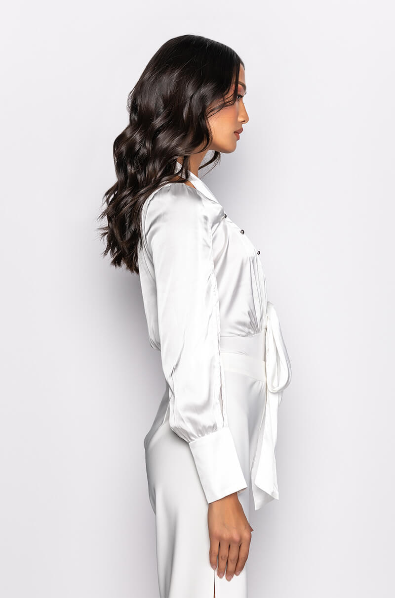 ONE TIME THING LONG SLEEVE TIE FRONT SATIN BODYSUIT