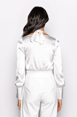 ONE TIME THING LONG SLEEVE TIE FRONT SATIN BODYSUIT