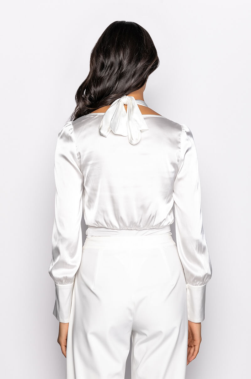 ONE TIME THING LONG SLEEVE TIE FRONT SATIN BODYSUIT