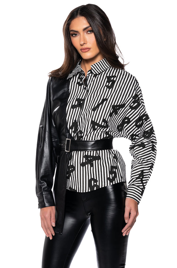 ONLY ONE BELTED PU AND POPLIN BUTTON DOWN SHIRT