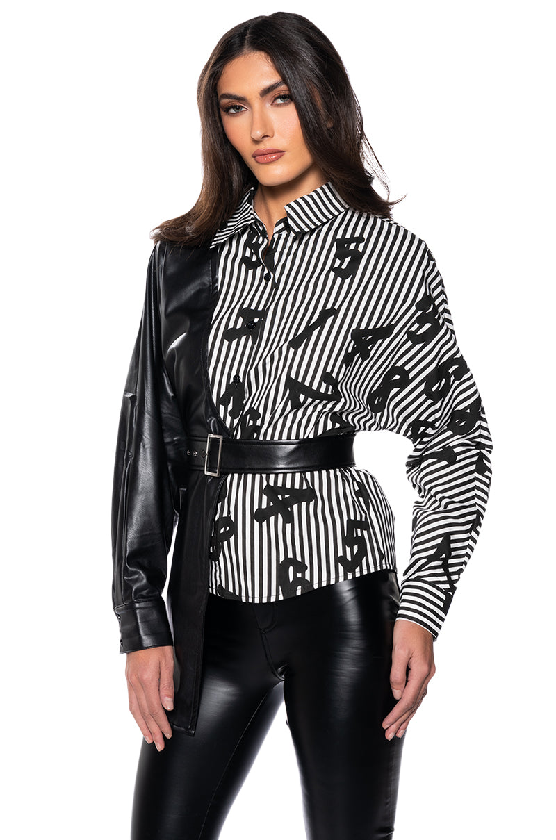 ONLY ONE BELTED PU AND POPLIN BUTTON DOWN SHIRT