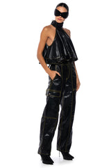 CASSIE BELTED HIGH NECK FAUX LEATHER TOP
