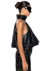 CASSIE BELTED HIGH NECK FAUX LEATHER TOP