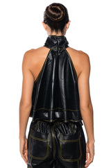 CASSIE BELTED HIGH NECK FAUX LEATHER TOP
