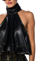 CASSIE BELTED HIGH NECK FAUX LEATHER TOP