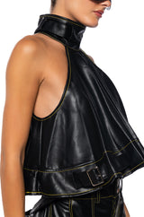 CASSIE BELTED HIGH NECK FAUX LEATHER TOP