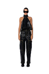 CASSIE BELTED HIGH NECK FAUX LEATHER TOP