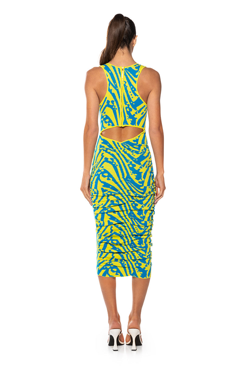 OUT AND ABOUT RUCHED BACK MIDI DRESS