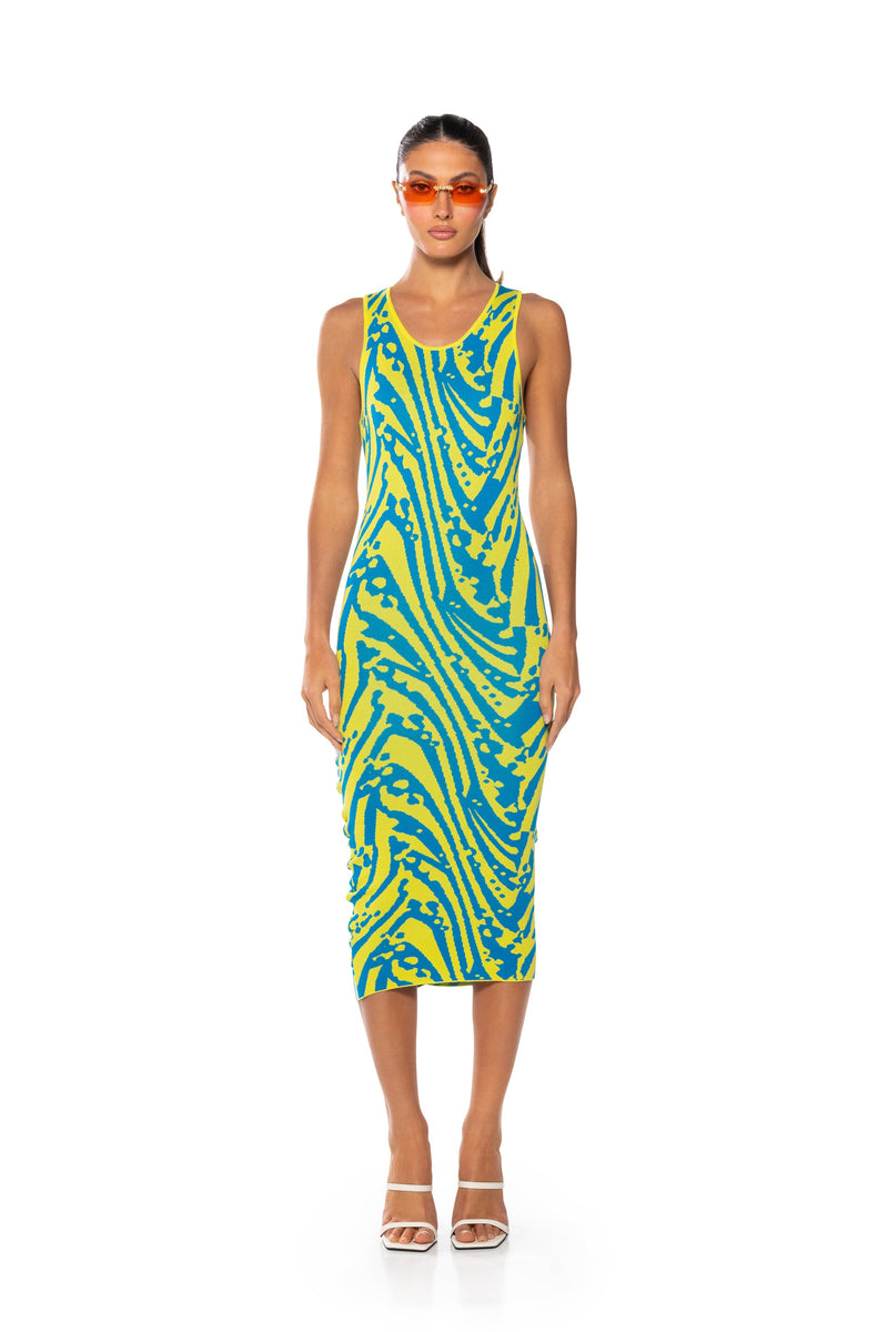 OUT AND ABOUT RUCHED BACK MIDI DRESS