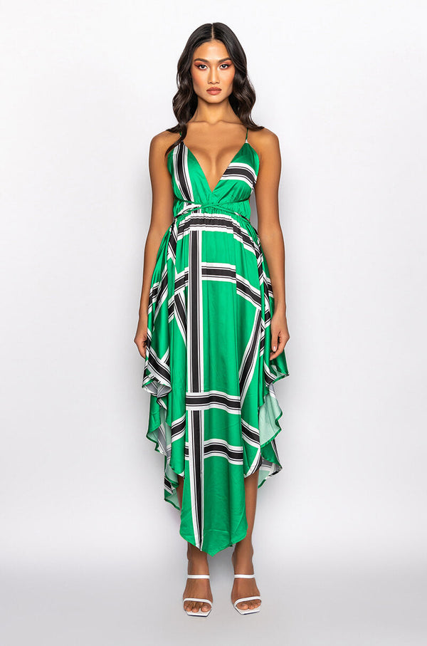 OUT OF MY WAY SATIN GRID MIDI DRESS