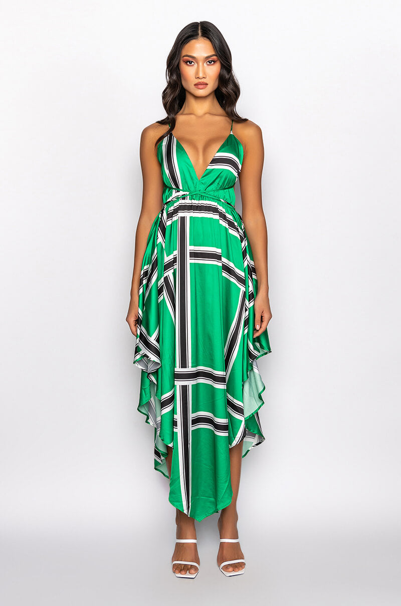 OUT OF MY WAY SATIN GRID MIDI DRESS