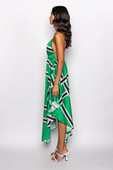 OUT OF MY WAY SATIN GRID MIDI DRESS