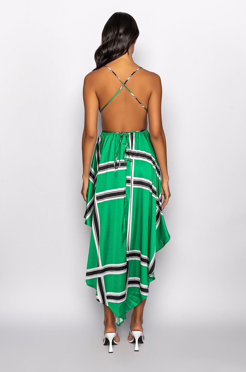 OUT OF MY WAY SATIN GRID MIDI DRESS