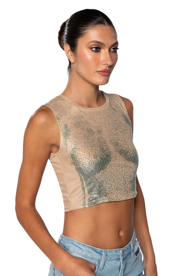 OUT OF THIS GALAXY RHINESTONE MESH TOP