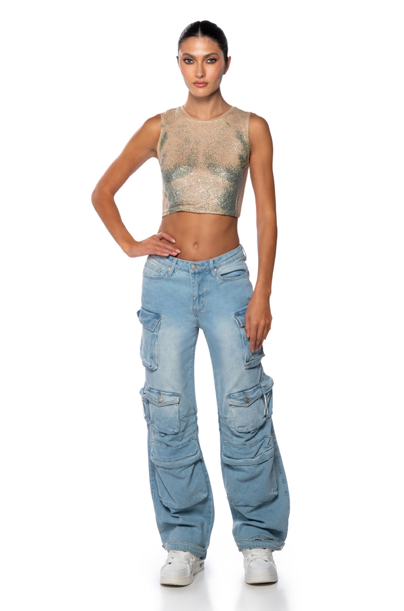OUT OF THIS GALAXY RHINESTONE MESH TOP