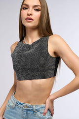 OUT OF THIS WORLD RHINESTONE CUT OFF CROPPED TANK IN BLACK