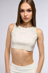OUT OF THIS WORLD RHINESTONE CUT OFF CROPPED TANK IN WHITE