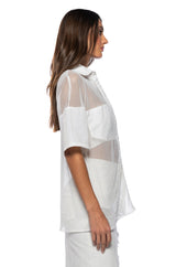 OVERSIZED MESH SHORT SLEEVE BUTTON DOWN IN WHITE