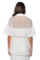 OVERSIZED MESH SHORT SLEEVE BUTTON DOWN IN WHITE
