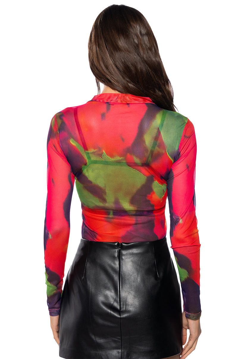 OWN IT MESH PRINTED LONG SLEEVE TOP