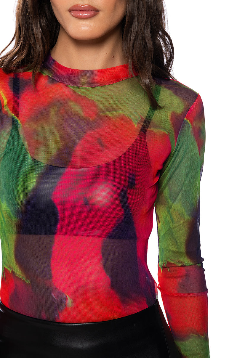 OWN IT MESH PRINTED LONG SLEEVE TOP