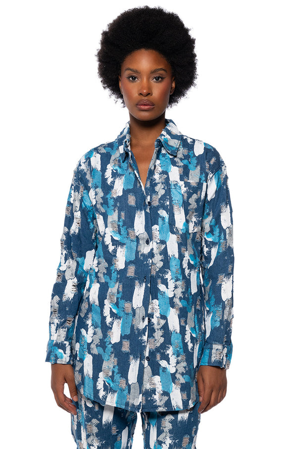 PAINTED BLUE BUTTON DOWN COLLARED SHIRT