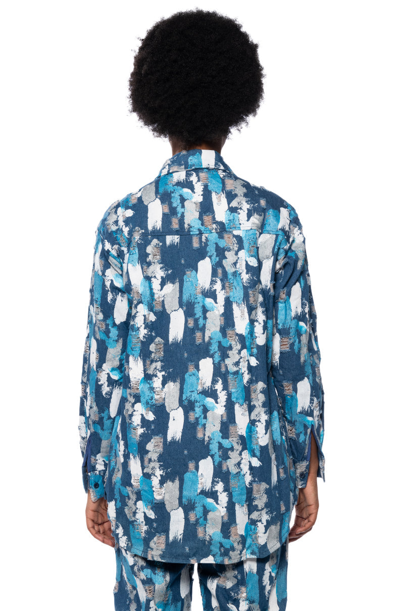 PAINTED BLUE BUTTON DOWN COLLARED SHIRT