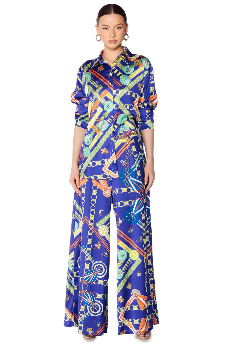 PARISIAN PRINT SATIN BUTTON DOWN BLOUSE