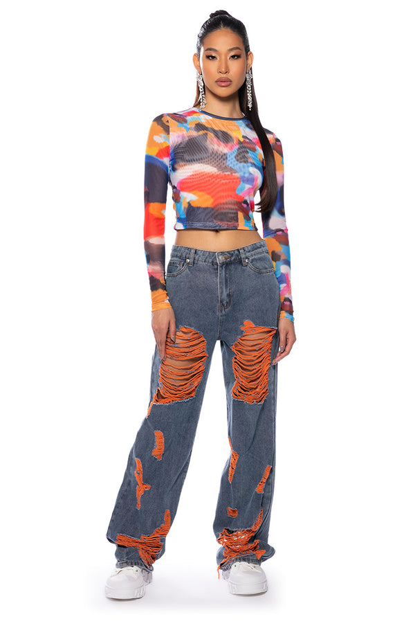 PARKER ABSTRACT LONG SLEEVE MESH PRINT TOP