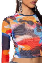 PARKER ABSTRACT LONG SLEEVE MESH PRINT TOP