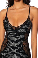 PARTY ALL NIGHT RHINESTONE LACE MINI DRESS IN BLACK MULTI
