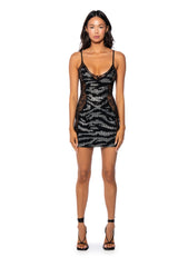 PARTY ALL NIGHT RHINESTONE LACE MINI DRESS IN BLACK MULTI