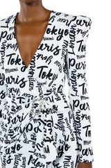 PASSPORT TO EVERYWHERE RUCHED LONG SLEEVE MINI DRESS