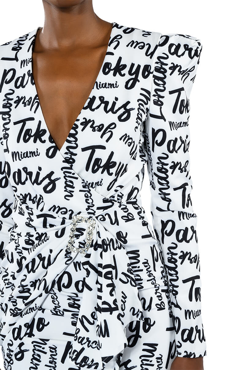 PASSPORT TO EVERYWHERE RUCHED LONG SLEEVE MINI DRESS