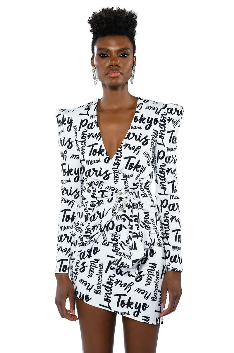 PASSPORT TO EVERYWHERE RUCHED LONG SLEEVE MINI DRESS