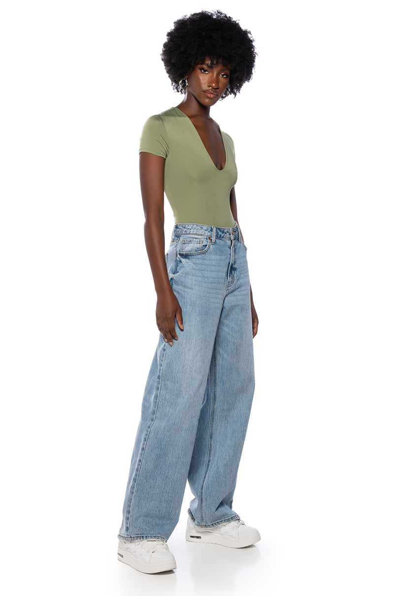 PAXTON DEEP V SHORT SLEEVE BODYSUIT IN OLIVE