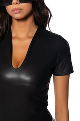 PAXTON FAUX LEATHER SHORT SLEEVE BODYSUIT WITH 4 WAY STRETCH