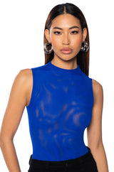 PAXTON SLEEVELESS MESH BODYSUIT IN ROYAL BLUE