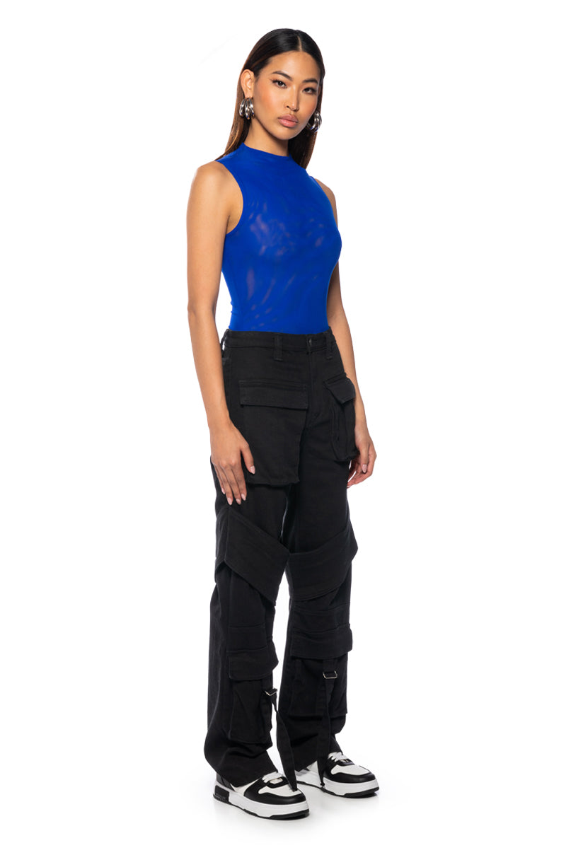 PAXTON SLEEVELESS MESH BODYSUIT IN ROYAL BLUE