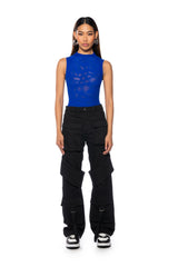 PAXTON SLEEVELESS MESH BODYSUIT IN ROYAL BLUE