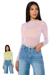 PAXTON TWO PACK RAW HEM LONG SLEEVE MESH TEES IN PINK AND YELLOW