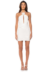 PEEKABOO RUCHED HALTER MINI DRESS IN WHITE