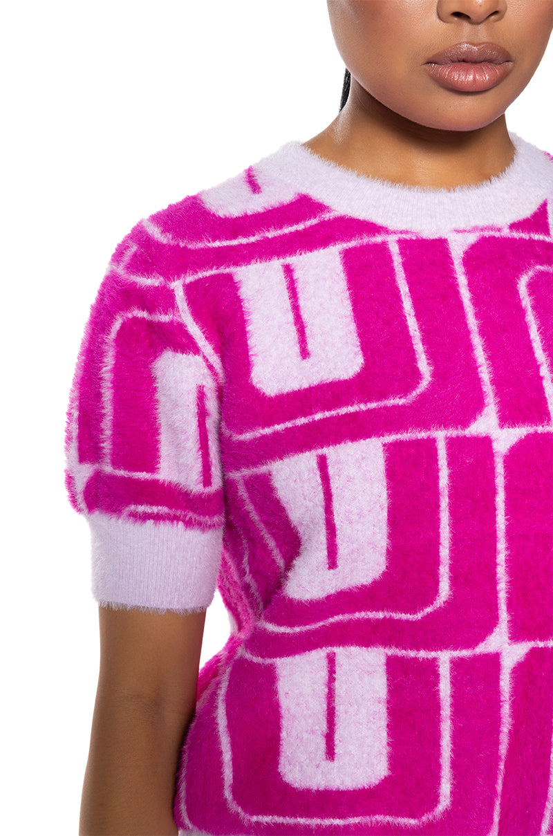 PENELOPE FUZZY KNIT SHORT SLEEVE SWEATER