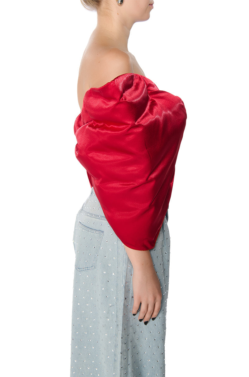 PERFECT GIFT DRAMATIC SATIN BOW TOP IN RED