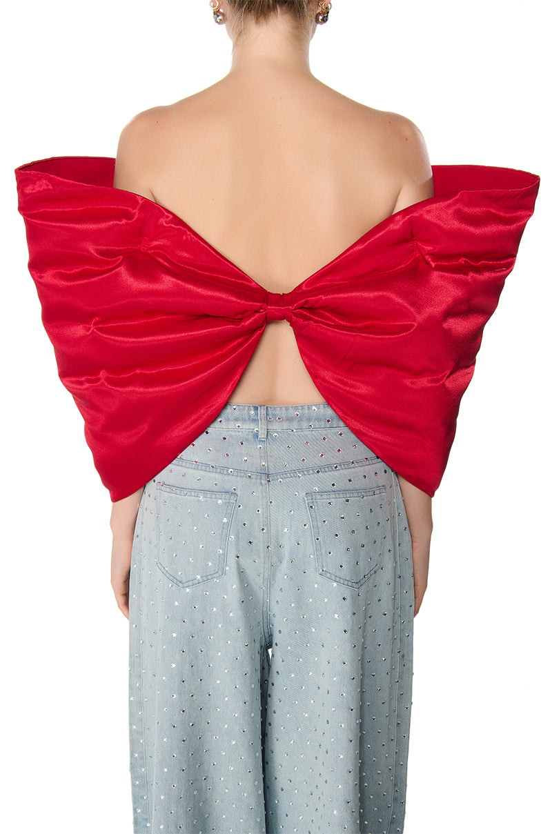 PERFECT GIFT DRAMATIC SATIN BOW TOP IN RED