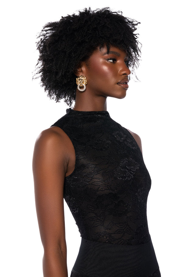 PHOENIX STRETCH LACE MOCK NECK BODYSUIT IN BLACK