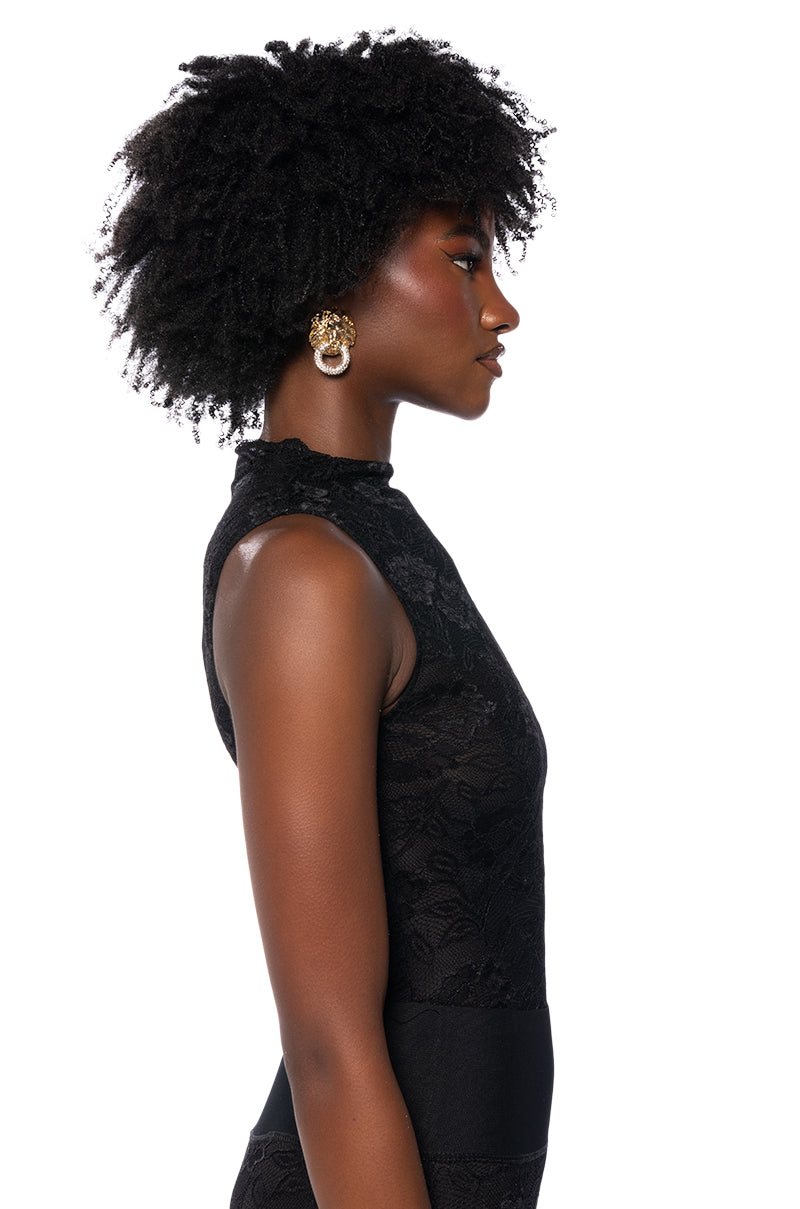 PHOENIX STRETCH LACE MOCK NECK BODYSUIT IN BLACK